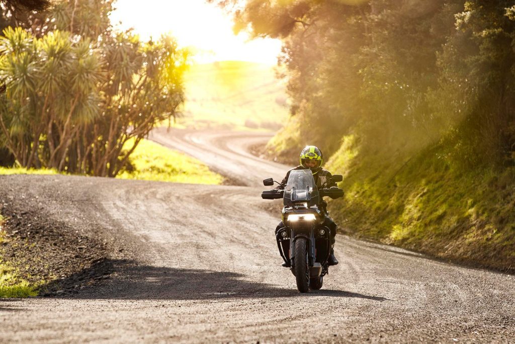 Harley Davidson Pan America ridden on gravel road