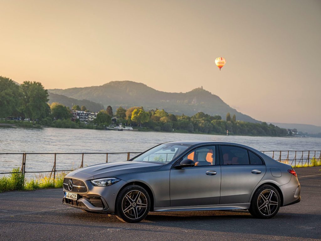 Mercedes-Benz C-350 e plug-in parked next to river