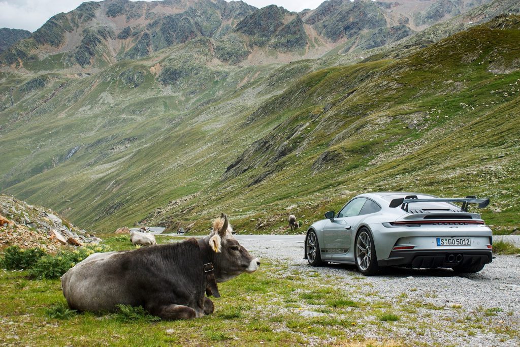 2022 Porsche 911 GT3 Austrian road trip with cow in foreground