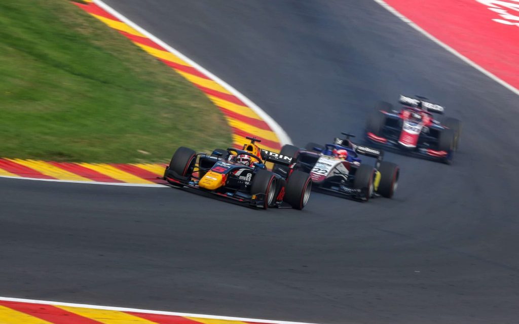 Liam Lawson racing Formula 2 car at Belgian Grand Prix