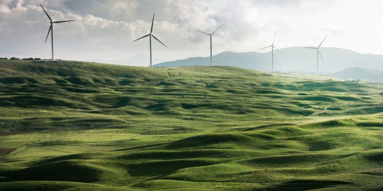 Wind farm along green hills