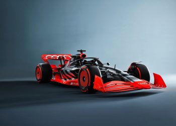 Audi Formula 1 car front three quarter view