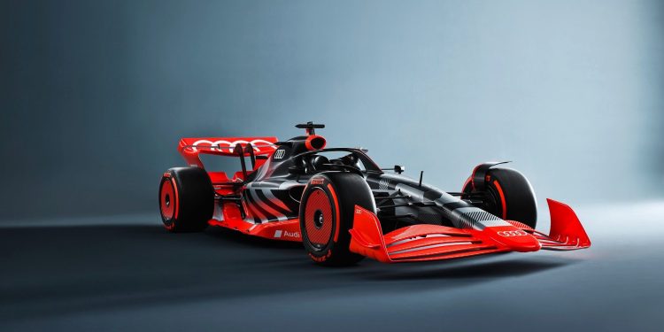 Audi Formula 1 car front three quarter view