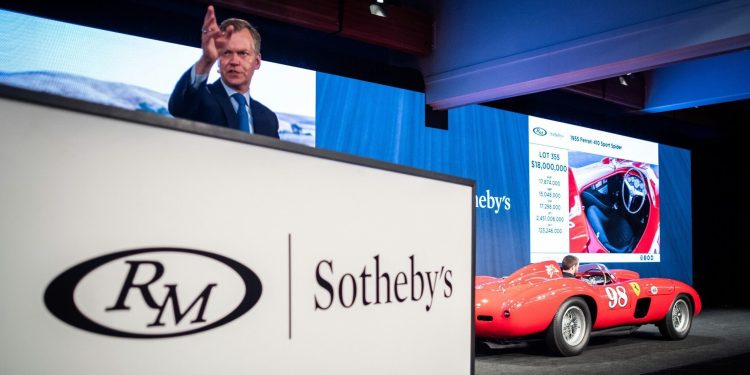 Ferrari 410 Sport Spider at RM Sotheby's auction during Monterey Car Week rear view