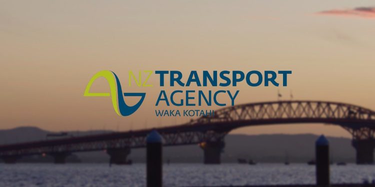 Waka Kotahi logo with Auckland Harbour Bridge at sunset in background
