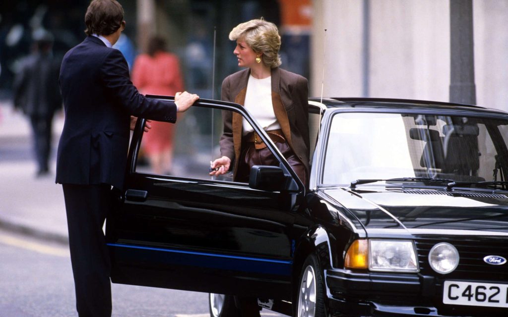 Princess Diana getting out of her Ford Escort RS Turbo Series 1