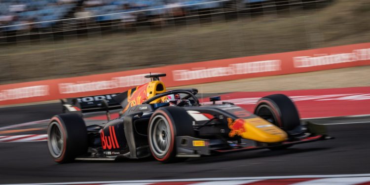Liam Lawson racing Carlin Formula 4 car in Hungary front three quarter view