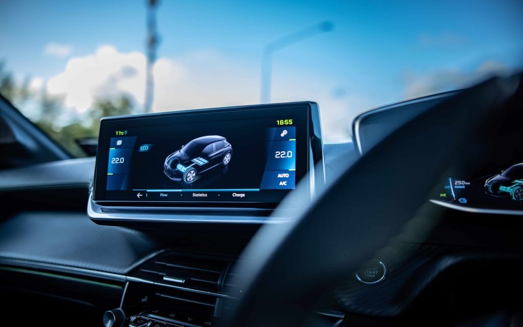 Peugeot e-208 GT infotainment screen in interior
