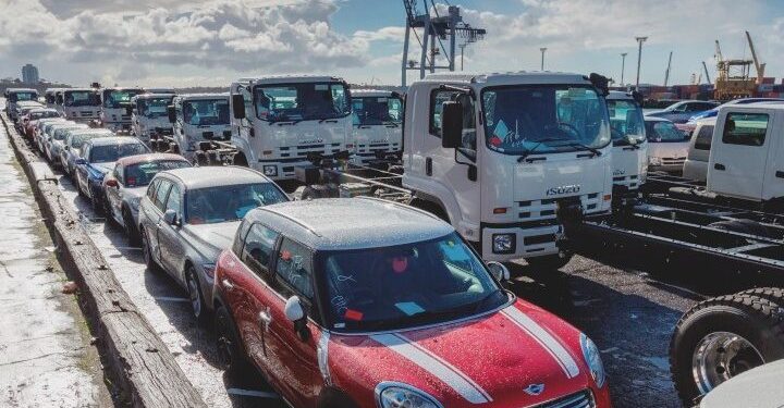 Newly imported cars and trucks parked at Ports of Auckland