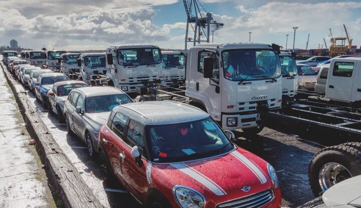 Newly imported cars and trucks parked at Ports of Auckland