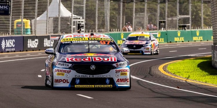 Shane van Gisbergen Holden Commodore Supercar front view driving on track