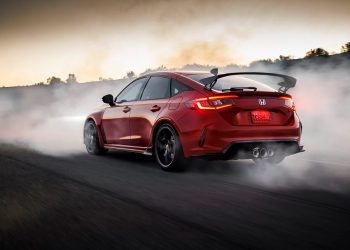 Honda Civic Type R rear three quarter view in smoke