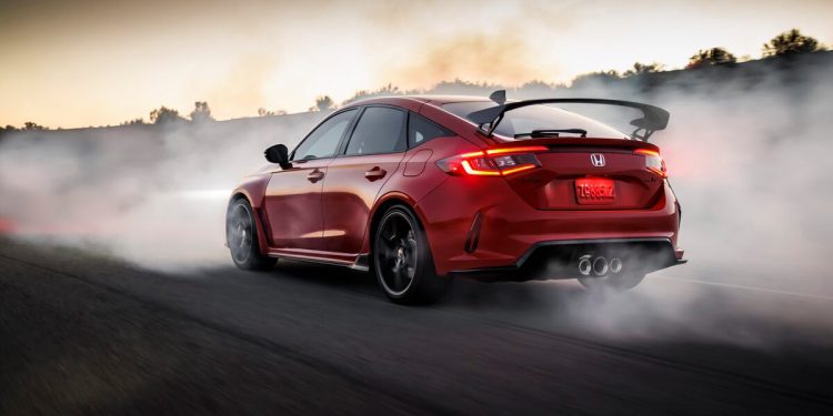 Honda Civic Type R rear three quarter view in smoke