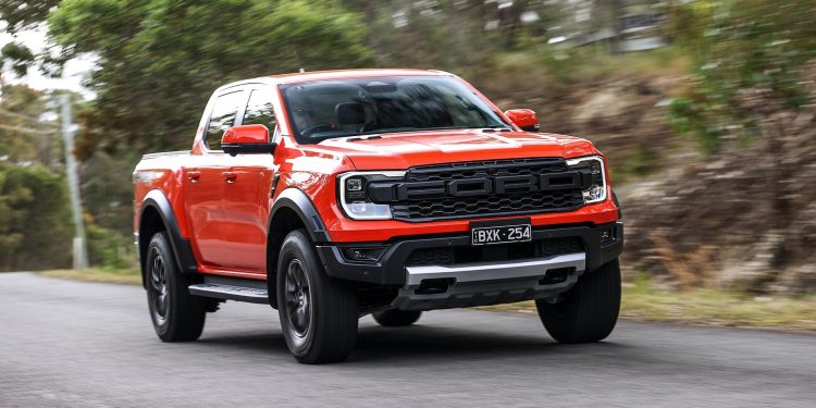 Ford Ranger Raptor front three quarter view while driving