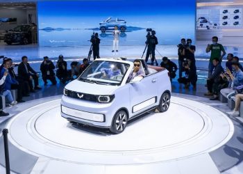 Hongguang Mini EV Cabrio on stage front three quarter view