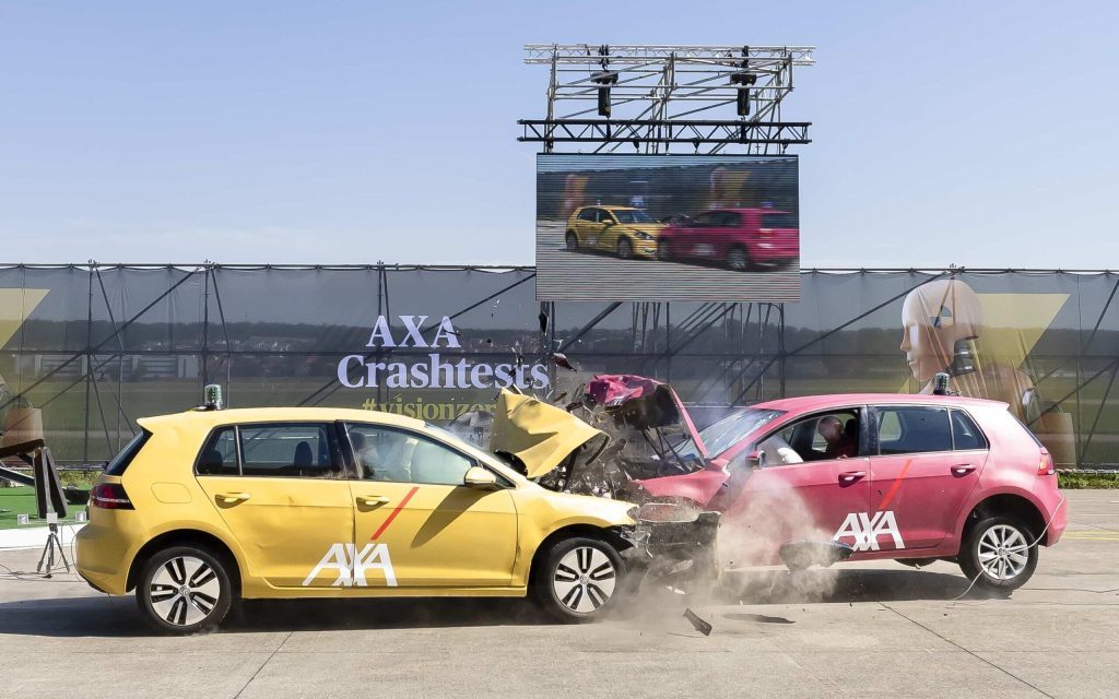 Volkswagen e-Golf and Gold head on crash test side view