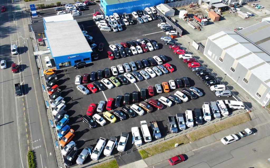 Car dealership lot view from above