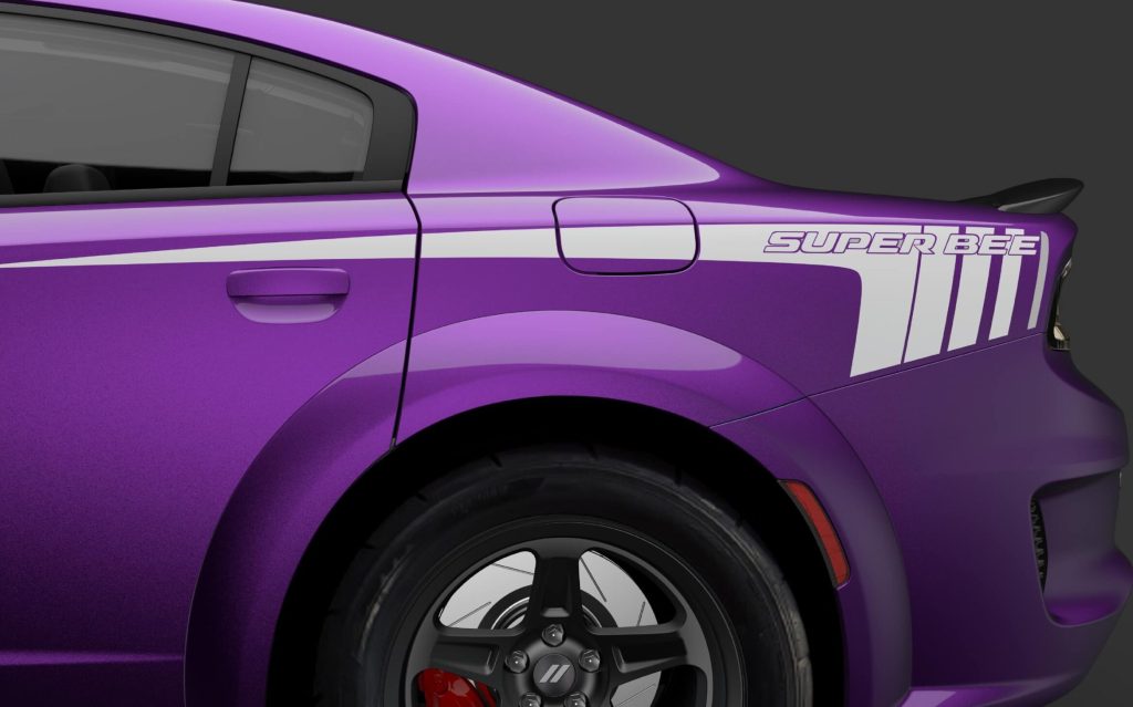 Dodge Charger Super Bee Plum Crazy rear quarter panel graphic close up