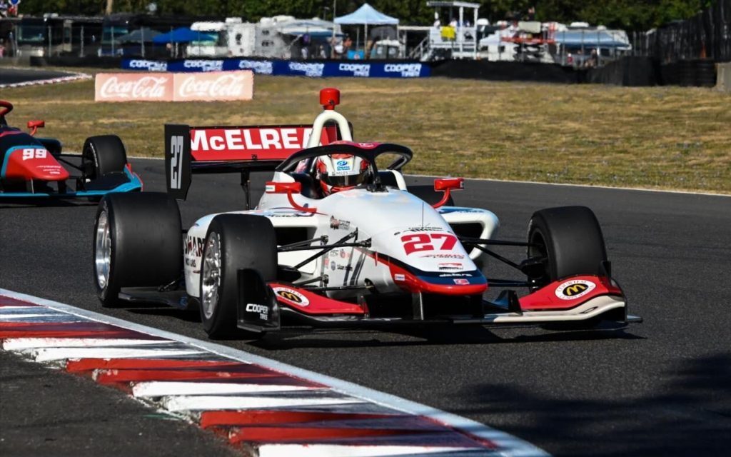 Hunter McElrea racing in Indy Lights in Portland front three quarter view