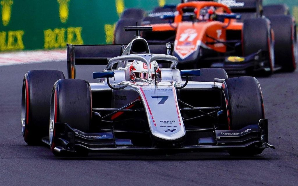 Marcus Armstrong Formula 2 car front view racing