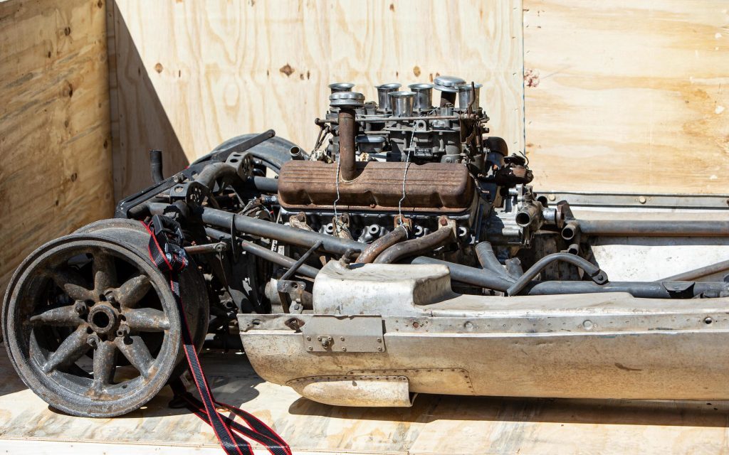 Bruce McLaren's Cooper-Zerex-Oldsmobile engine and rear suspension in travel crate