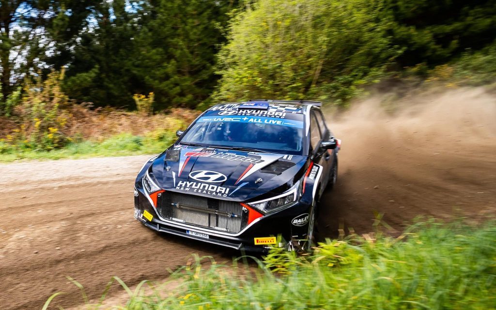 Hayden Paddon drifting Hyundai i20 Rally2 car