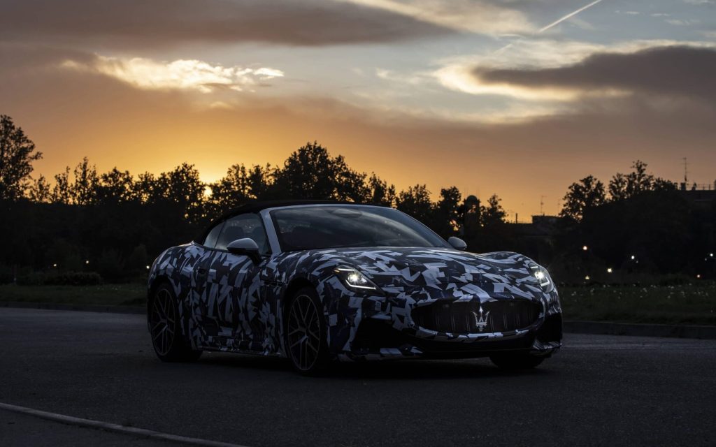 Maserati GranCabrio front three quarter view sunset