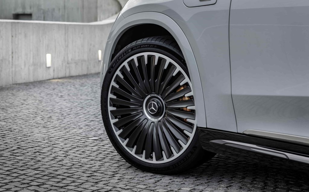 Mercedes EQE SUV front wheel close up view