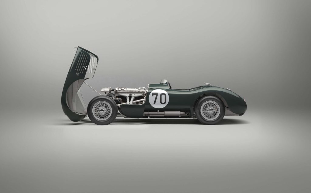 Jaguar C-Type Continuation 70-Edition green side view with bonnet open