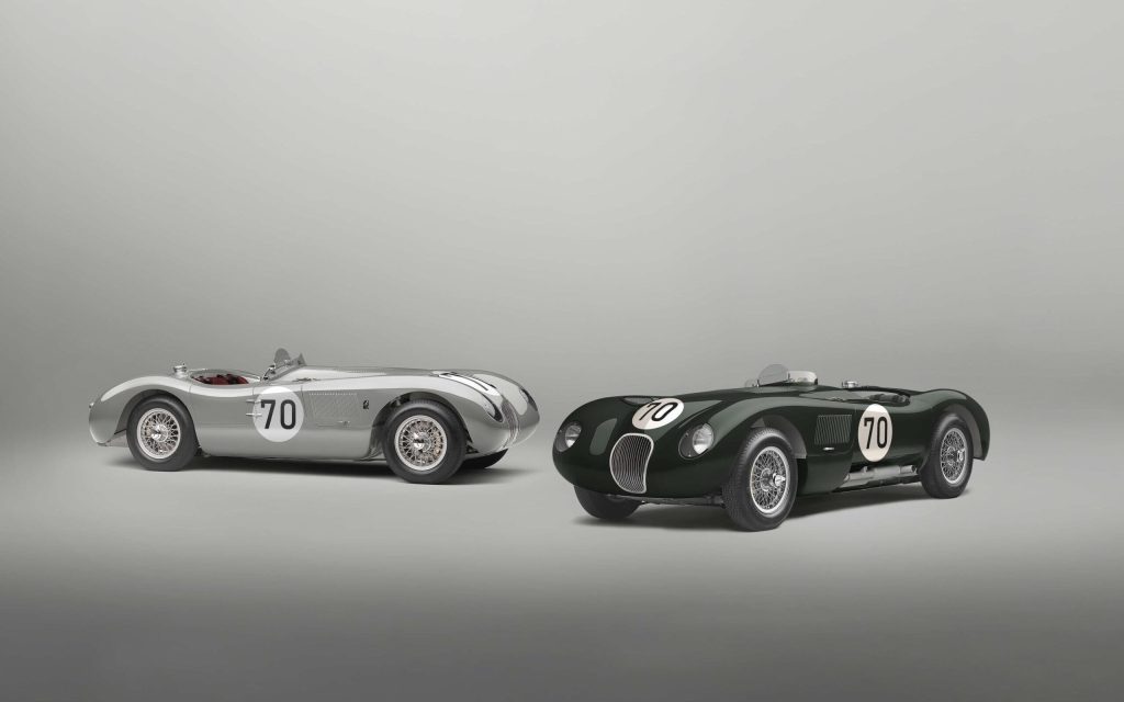 Jaguar C-Type Continuation 70-Edition silver and green next to each other