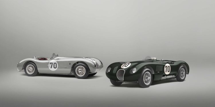 Jaguar C-Type Continuation 70-Edition silver and green next to each other