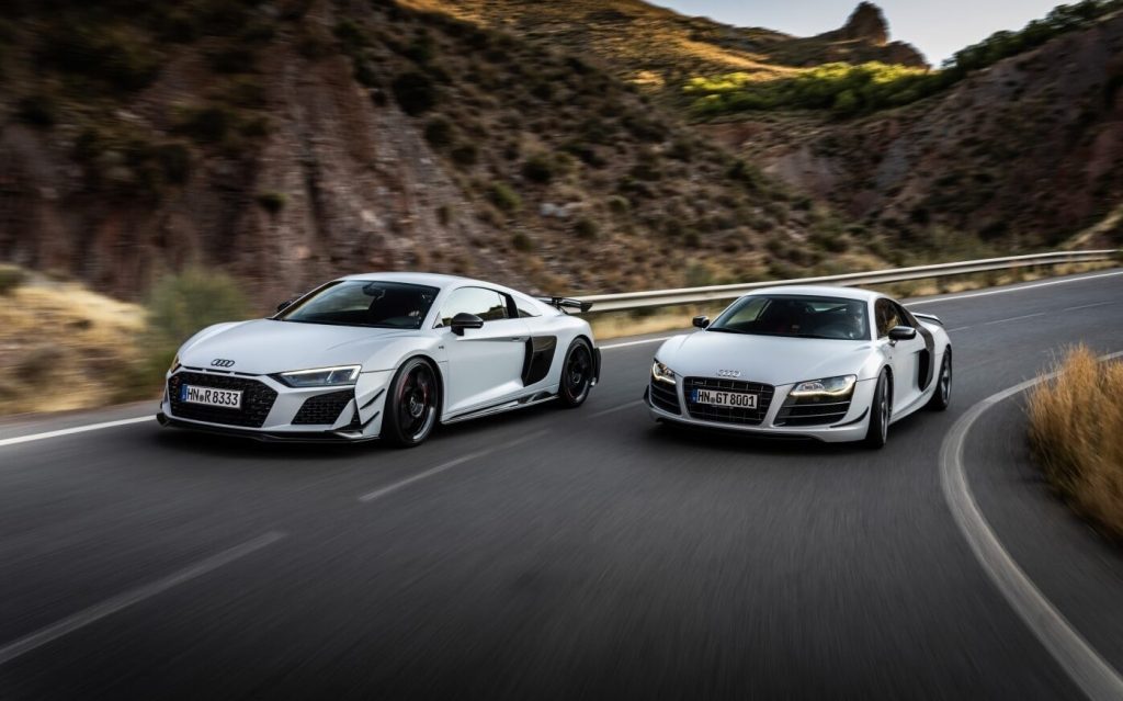New and old Audi R8 GTs front three quarter view