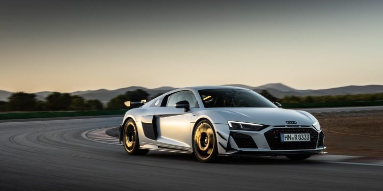 Audi R8 GT front three quarter view driving