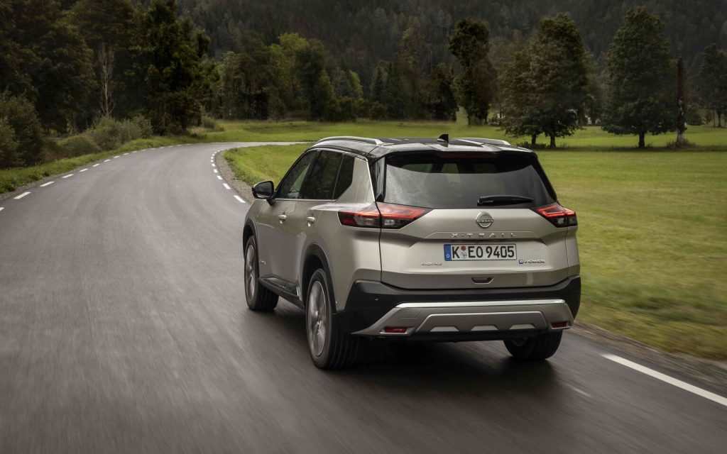 Nissan X-Trail e-Power rear three quarter view driving