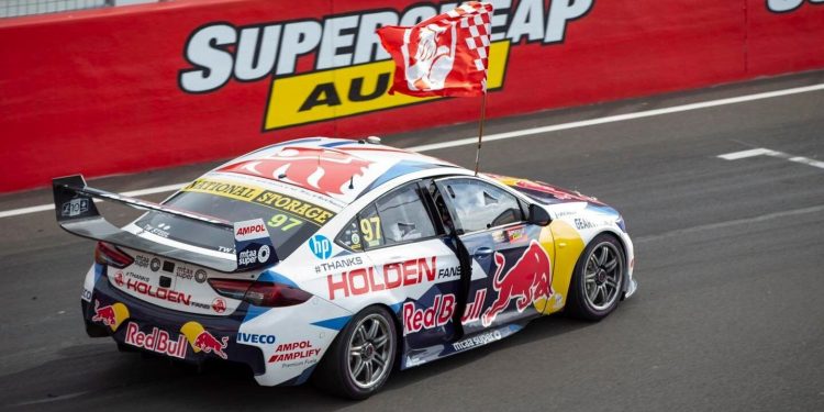Holden ZB Commodore rear three quarter view driving at Bathurst