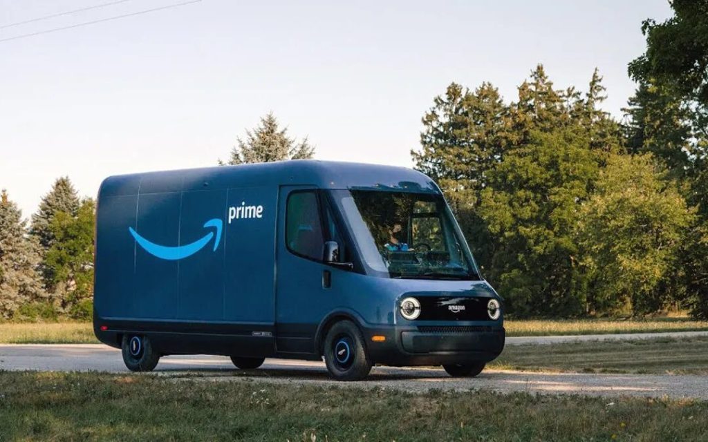 Rivian EDV Amazon delivery van front three quarter view