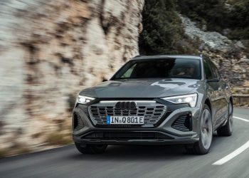 Audi Q8 e-tron front three quarter view driving