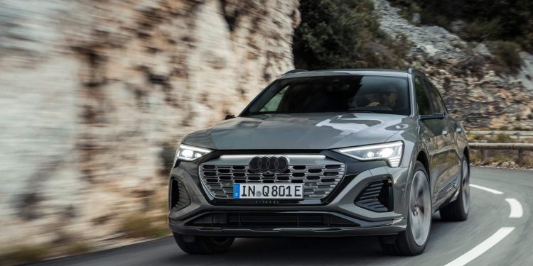 Audi Q8 e-tron front three quarter view driving