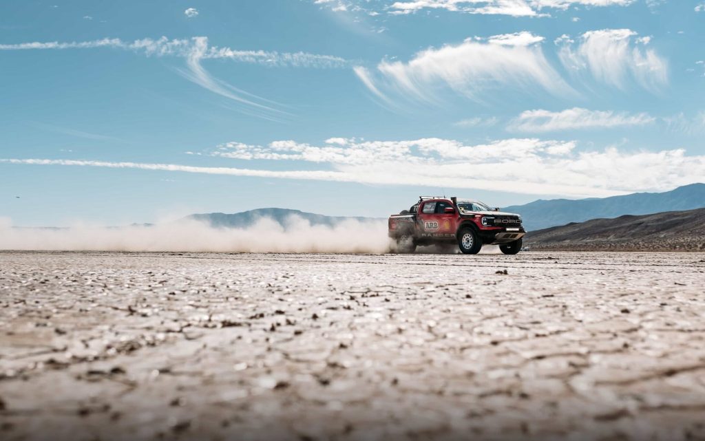 Ford Ranger Raptor Baja racer driving on salt flat