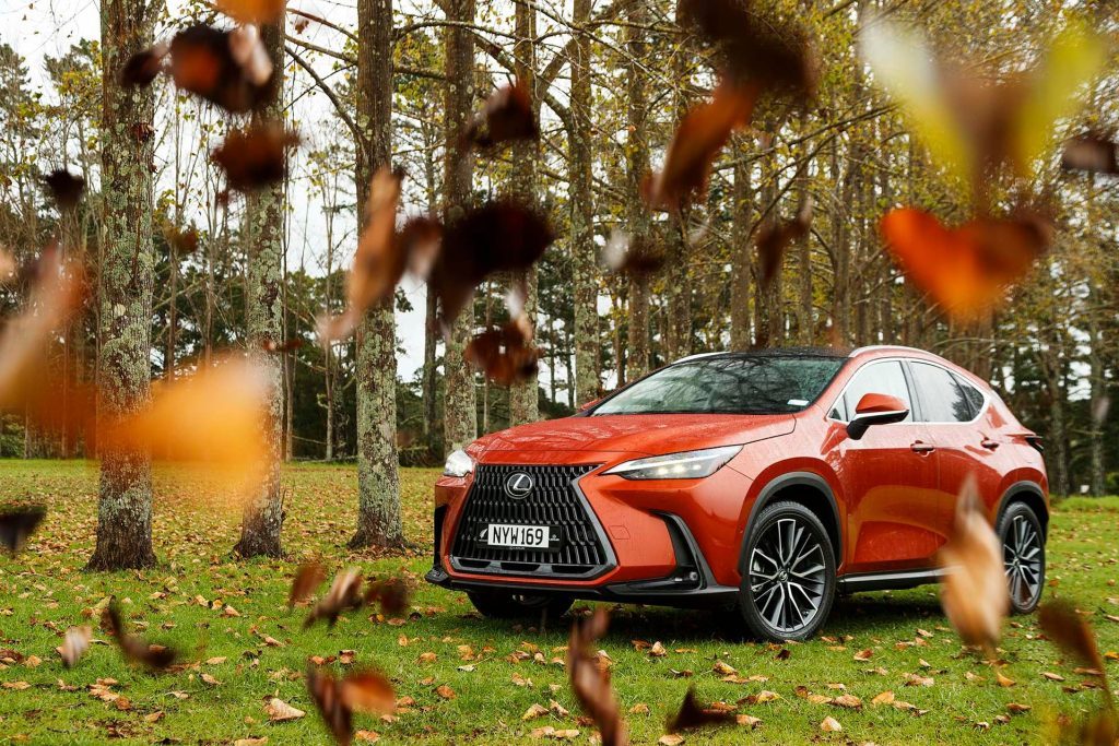 2022 Lexus NX 350h Limited with leaves falling around
