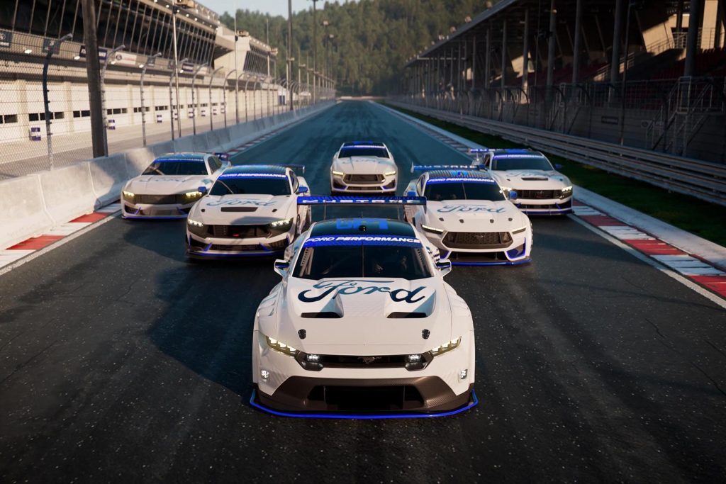 Ford Mustang race cars on track