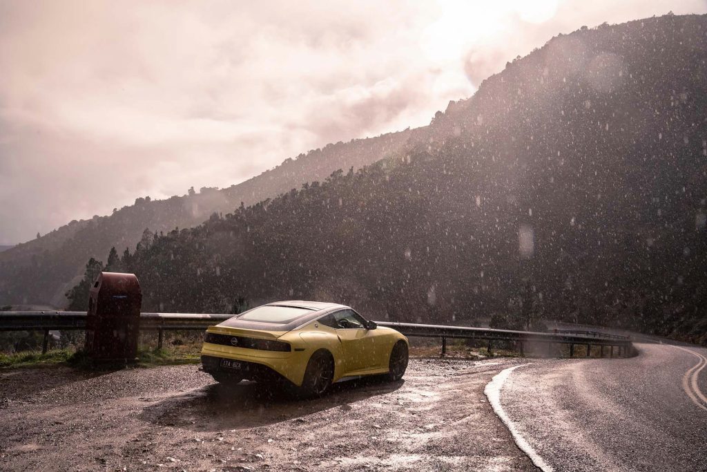 Nissan Z Coupe in rainstorm