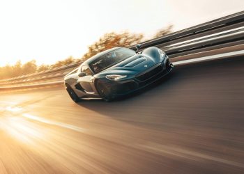 Rimac Nevera front three quarter view on track