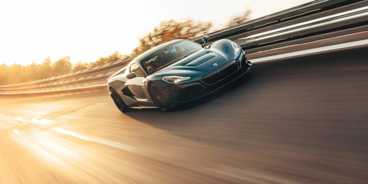 Rimac Nevera front three quarter view on track