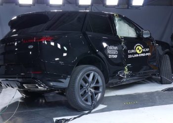 Range Rover rear three quarter view after crash test