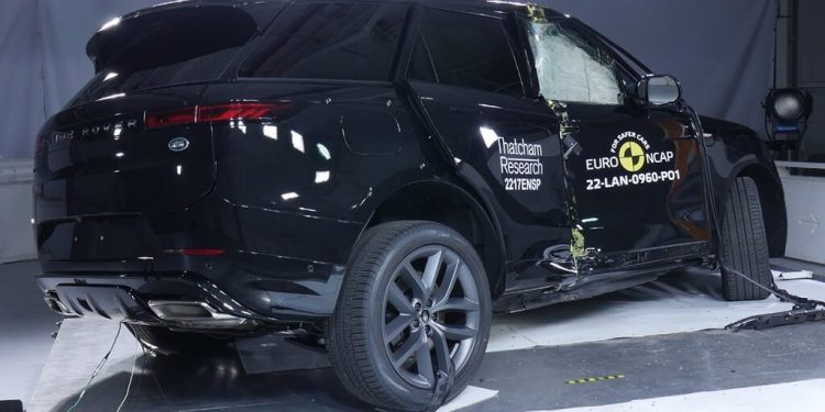 Range Rover rear three quarter view after crash test