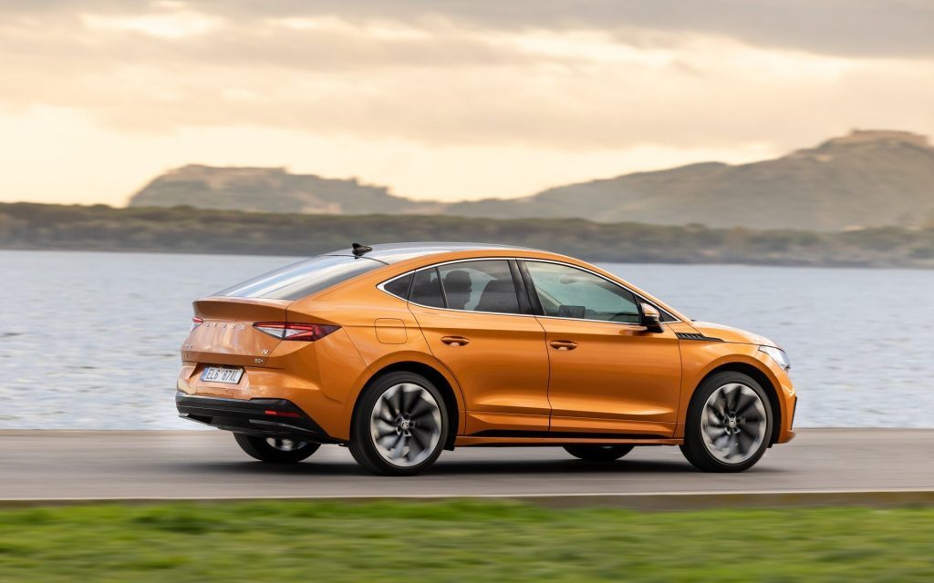 Skoda Enyaq coupe rear three quarter view