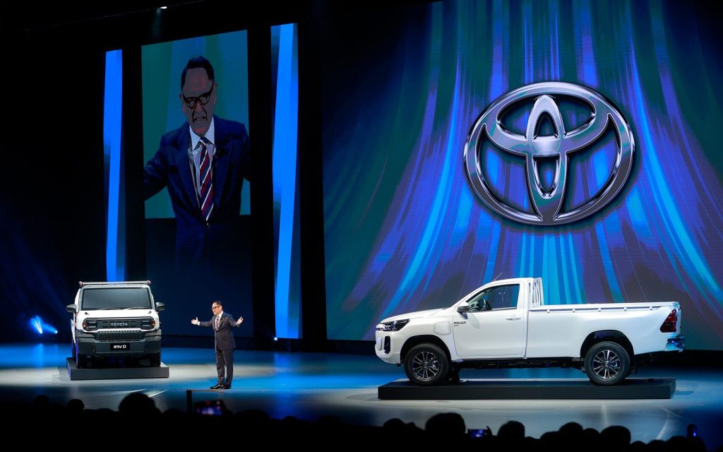 Akio Toyoda next to Electric Toyota Hilux Revo BEV Concept
