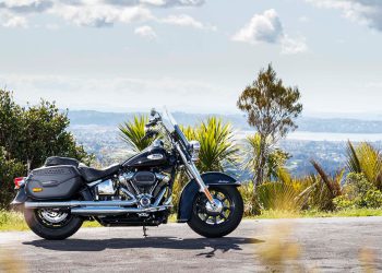 Harley Davidson Softail Heritage side static on hilltop