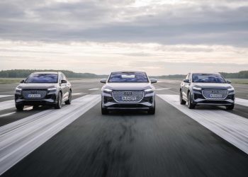 Audi Q4 e-tron lineup driving on runway